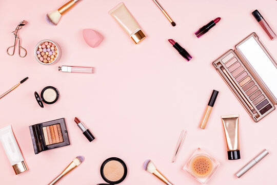 Flat lay of professional Cosmetics set on pastel pink background. Female  facial beauty care products Stock Photo | Adobe Stock