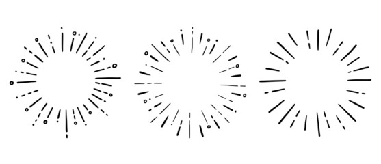 Doodle circle sunburst, sparkle ray set. Hand drawn sketch style. Shine frame symbol for badge. Vector illustration.