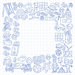 Children play with toys in the kindergarten. Kids playground. Education, creativity, imagination.