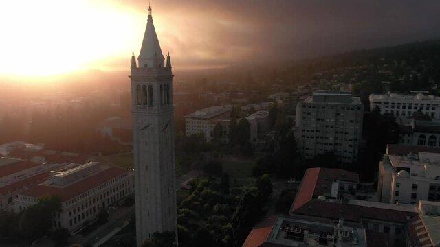 Aerial: Berkeley University & The Cal Campus Campanile At Sunset, Oakland, USA