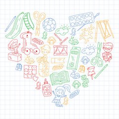 Children play with toys in the kindergarten. Kids playground. Education, creativity, imagination.