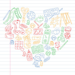 Children play with toys in the kindergarten. Kids playground. Education, creativity, imagination.