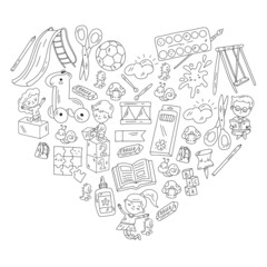 Children play with toys in the kindergarten. Kids playground. Education, creativity, imagination.