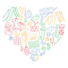 Children play with toys in the kindergarten. Kids playground. Education, creativity, imagination.