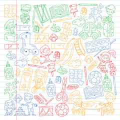 Children play with toys in the kindergarten. Kids playground. Education, creativity, imagination.