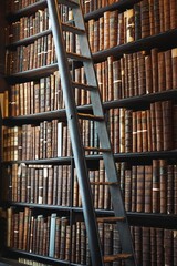 Steep ladder in front of a wall of shelves filled with leather-bound books in a dimly-lit library