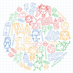 Children play with toys in the kindergarten. Kids playground. Education, creativity, imagination.