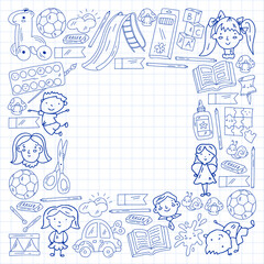 Children play with toys in the kindergarten. Kids playground. Education, creativity, imagination.