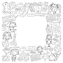 Children play with toys in the kindergarten. Kids playground. Education, creativity, imagination.