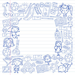 Children play with toys in the kindergarten. Kids playground. Education, creativity, imagination.