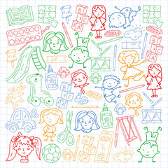 Children play with toys in the kindergarten. Kids playground. Education, creativity, imagination.