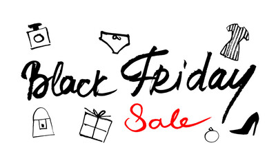 Vector banner Black Friday for women. Gift, clothing, cosmetics. Cursive. Black and red on a white background. Doodle. Calligraphic style. Ink style. Hand drawing