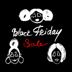 Vector banner Black Friday for women. Three female characters. Cursive. White and red on a black background. Doodle. Calligraphic style. Ink style. Hand drawing