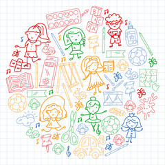 Fototapeta premium Children play with toys in the kindergarten. Kids playground. Education, creativity, imagination.