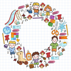 Children play with toys in the kindergarten. Kids playground. Education, creativity, imagination.