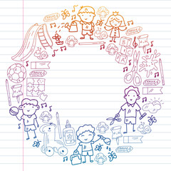 Children play with toys in the kindergarten. Kids playground. Education, creativity, imagination.