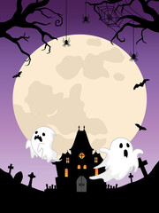 ハロウィン背景　お化け屋敷と幽霊と満月