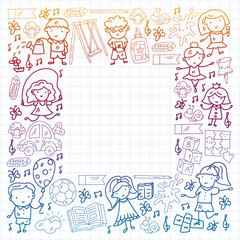 Children play with toys in the kindergarten. Kids playground. Education, creativity, imagination.