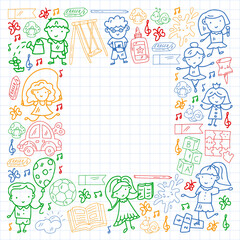 Children play with toys in the kindergarten. Kids playground. Education, creativity, imagination.