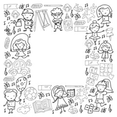 Children play with toys in the kindergarten. Kids playground. Education, creativity, imagination.