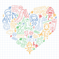 Children play with toys in the kindergarten. Kids playground. Education, creativity, imagination.