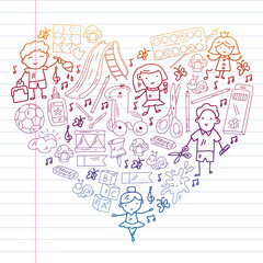 Children play with toys in the kindergarten. Kids playground. Education, creativity, imagination.