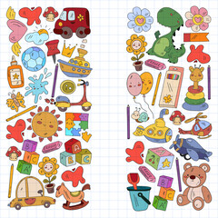 Children play with toys in the kindergarten. Kids playground. Education, creativity, imagination.