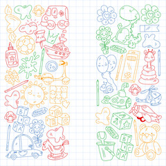 Children play with toys in the kindergarten. Kids playground. Education, creativity, imagination.