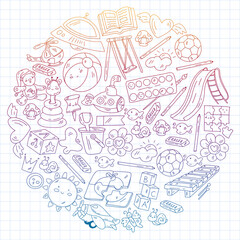 Children play with toys in the kindergarten. Kids playground. Education, creativity, imagination.