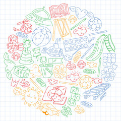 Children play with toys in the kindergarten. Kids playground. Education, creativity, imagination.