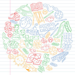 Children play with toys in the kindergarten. Kids playground. Education, creativity, imagination.