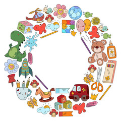 Children play with toys in the kindergarten. Kids playground. Education, creativity, imagination.