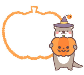 カワウソとハロウィンのカボチャの線画フレーム