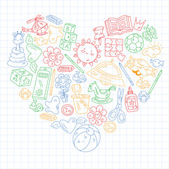 Children play with toys in the kindergarten. Kids playground. Education, creativity, imagination.