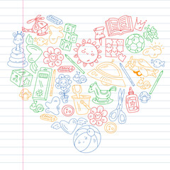 Children play with toys in the kindergarten. Kids playground. Education, creativity, imagination.