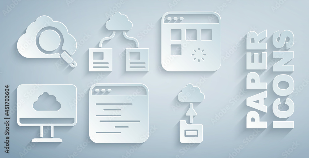 Poster set software, loading data window, cloud technology transfer, and search cloud computing icon. vecto