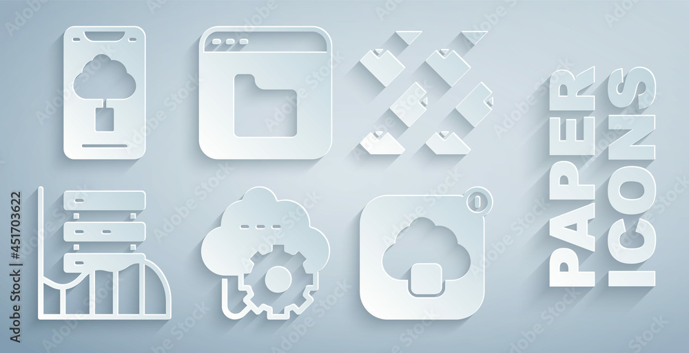 Poster set cloud technology data transfer, data stream, server, data, web hosting, browser files and icon. 
