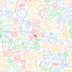 Children play with toys in the kindergarten. Kids playground. Education, creativity, imagination.