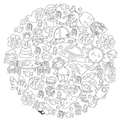 Children play with toys in the kindergarten. Kids playground. Education, creativity, imagination.