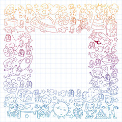 Children play with toys in the kindergarten. Kids playground. Education, creativity, imagination.