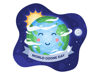 Happy world ozone day at 16 September with cute earth cartoon illustration. Happy Earth Day. Can be used for banner, poster, postcard, greeting card, invitation, presentation, web.