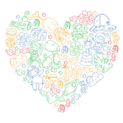 Children play with toys in the kindergarten. Kids playground. Education, creativity, imagination.