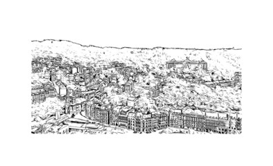 Fototapeta na wymiar Building view with landmark of Karlovy Vary is the city in the Czech Republic. Hand drawn sketch illustration in vector.