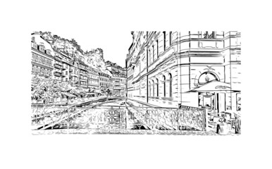 Building view with landmark of Karlovy Vary is the 
city in the Czech Republic. Hand drawn sketch illustration in vector.