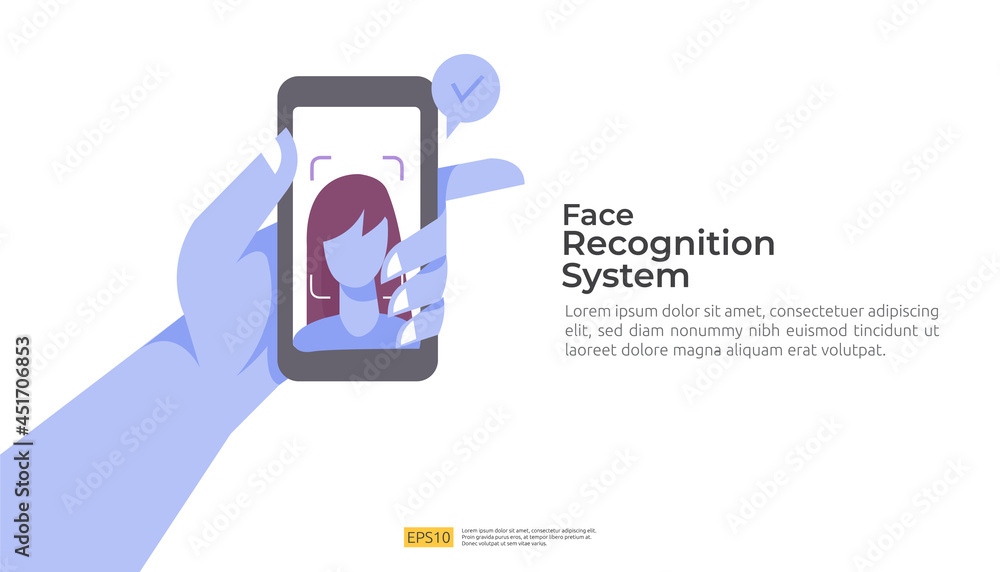 Poster face recognition system scanning on smartphone. facial biometric data identification security. web l
