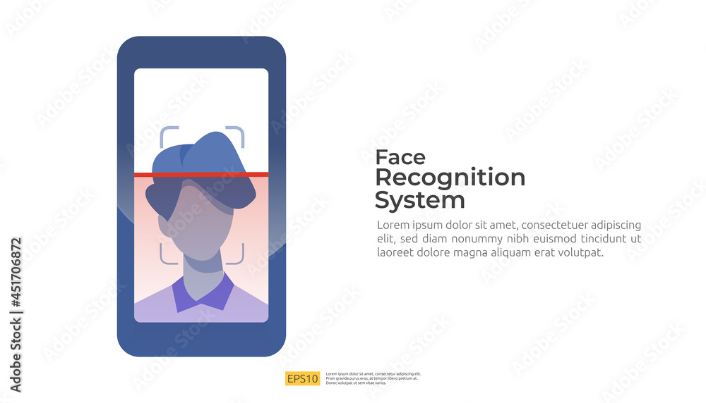 Poster face recognition system scanning on smartphone. facial biometric data identification security. web l
