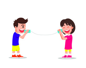 children communicate by handcrafted telephones