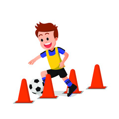 a cheerful boy practicing soccer with several cones