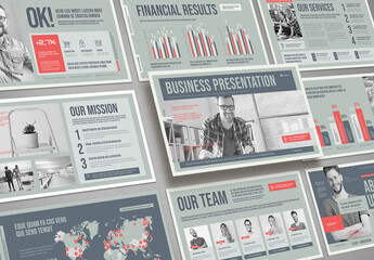 Business Presentation Layout in Pale Mint with Red Accents