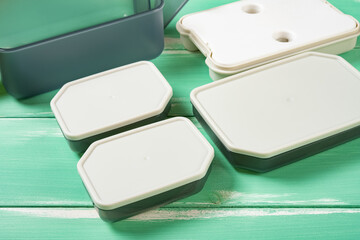 angle view plastic takeout lunch box with individual containers